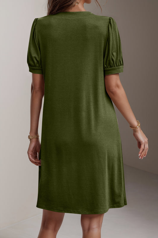 Pin-Tuck Notched Short Sleeve Dress