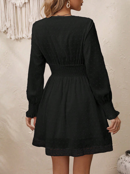 Lace Detail V-Neck Long Sleeve Dress