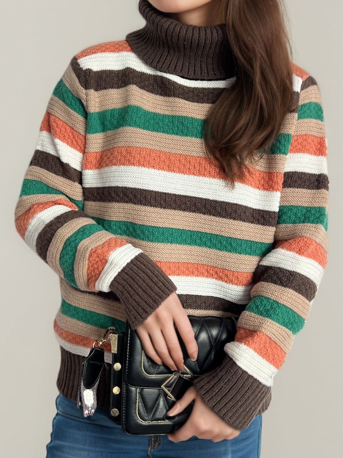 Contrast Stripes Turtleneck Long Sleeve Sweater