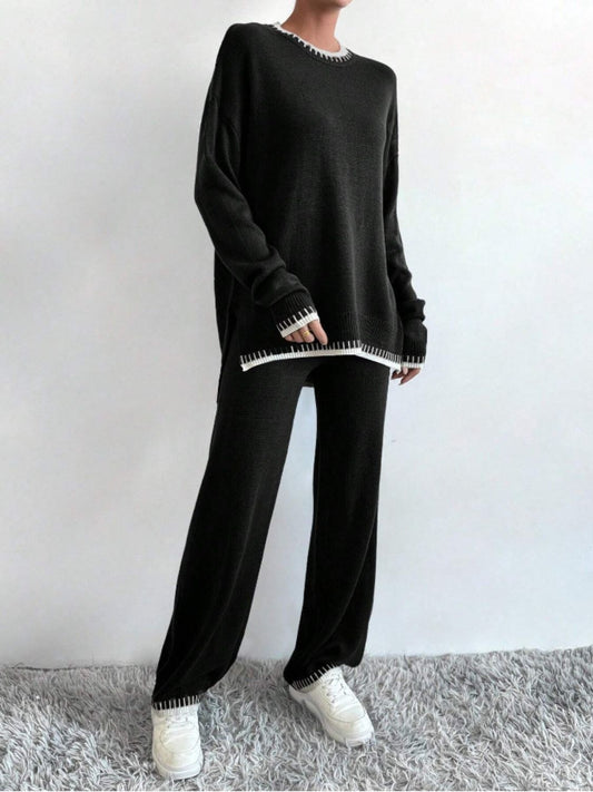 Side Slit Contrast Trim Round Neck Top and Pants Sweater Set