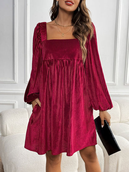 Perfee Tied Pocketed Square Neck Long Sleeve Dress