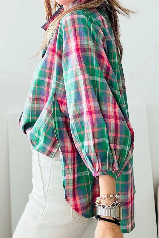 Plaid Collared Neck Three-Quarter Sleeve Blouse