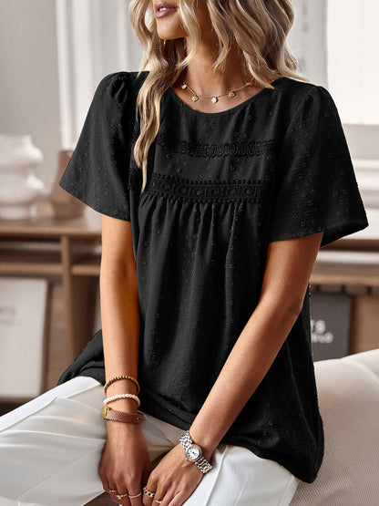 Lace Detail Round Neck Short Sleeve Blouse