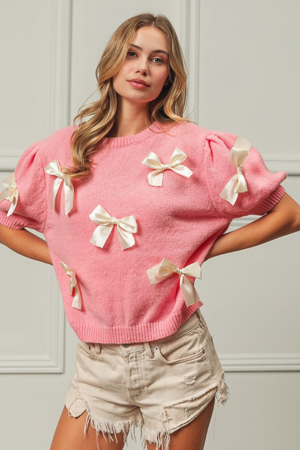 BiBi Ribbon Bow Detail Puff Sleeve Sweater