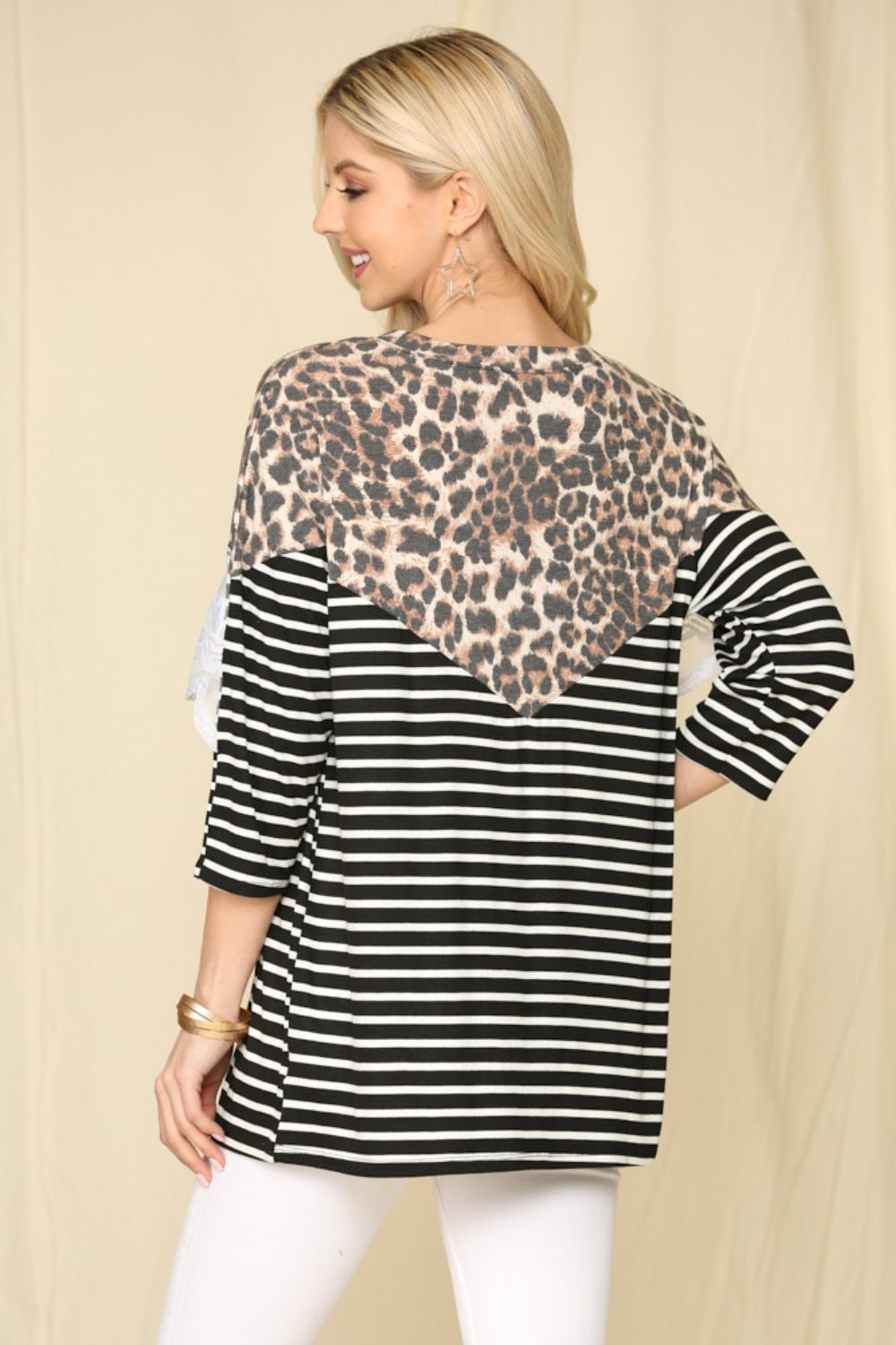 Celeste Full Size Leopard Spliced Stripe T-Shirt with Lace Detail