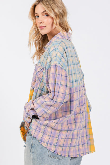 SAGE + FIG Button Up Raw Hem  Plaid Flannel Shirt