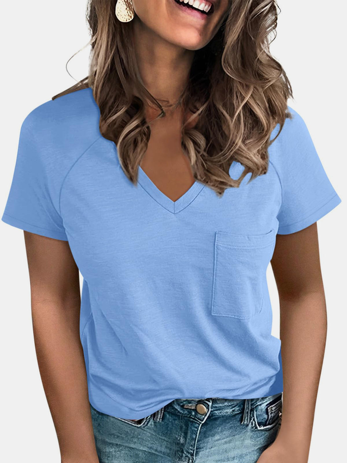 Pocketed V-Neck Short Sleeve T-Shirt