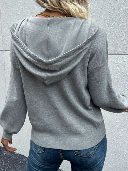 Perfee Quarter Button Drawstring Detail Knit Hoodie