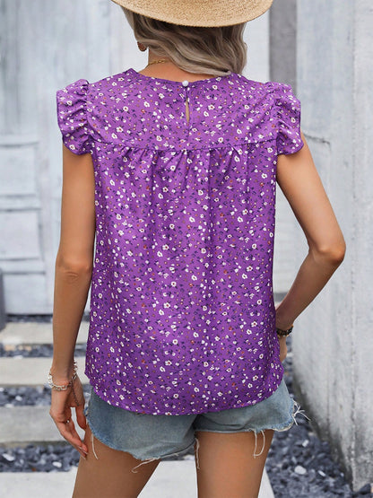 Ruffled Printed Round Neck Cap Sleeve Blouse