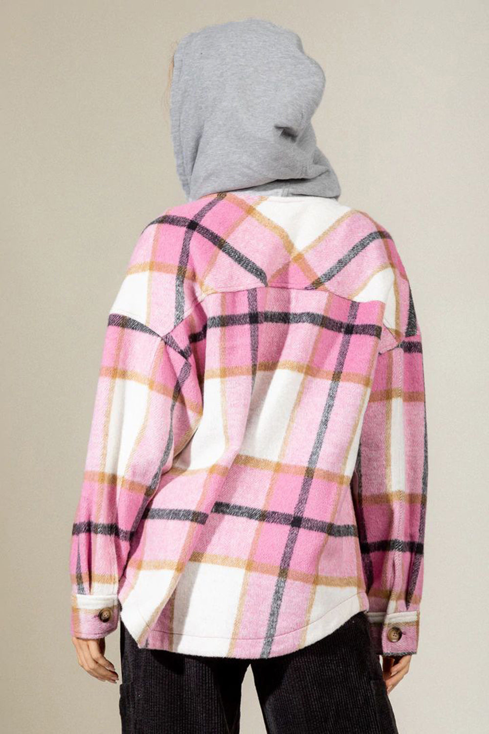 Drawstring Plaid Dropped Shoulder Hooded Shacket