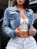 Distressed Button Up Collared Neck Denim Top