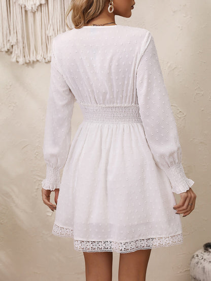 Lace Detail V-Neck Long Sleeve Dress