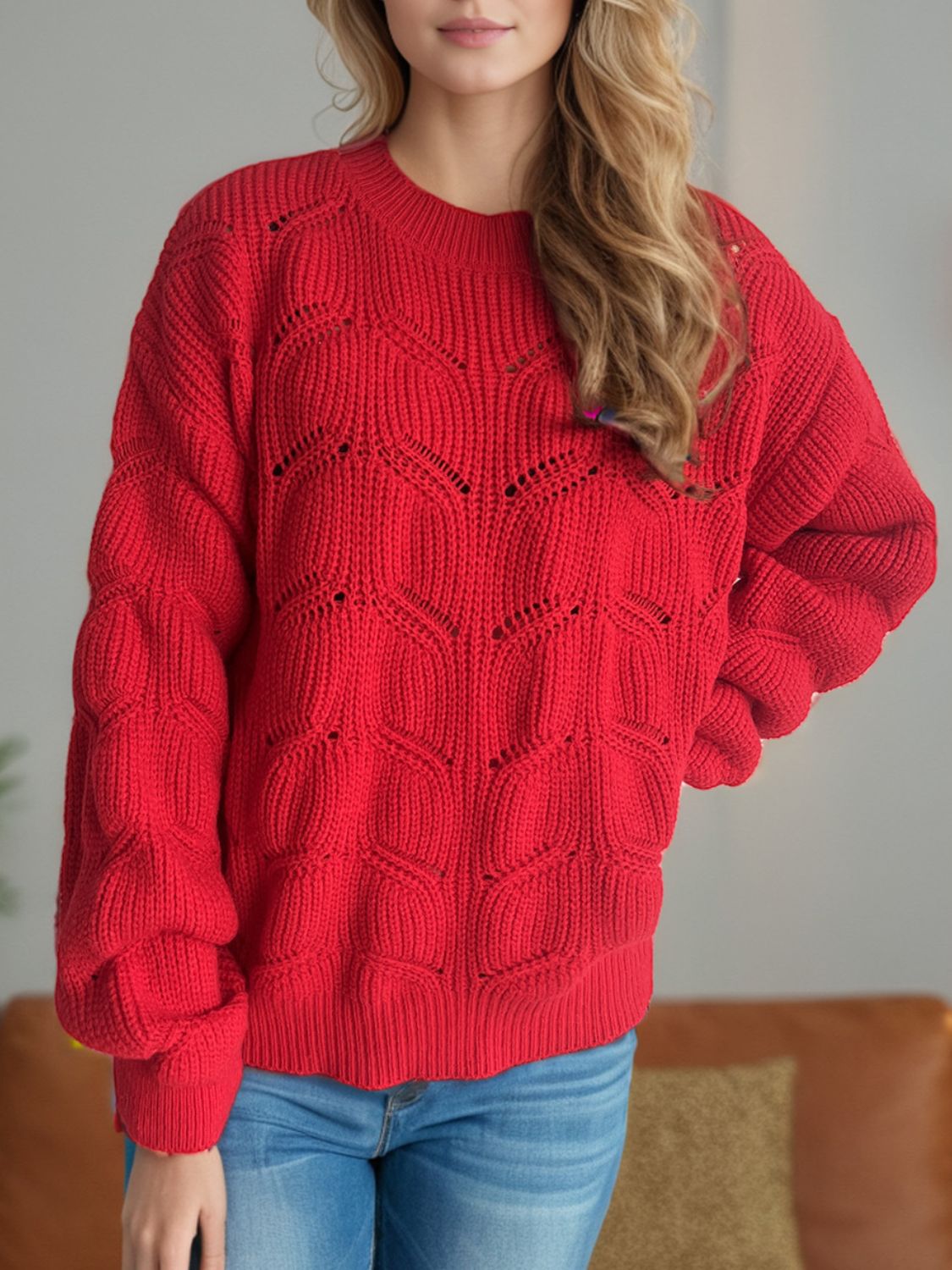 Openwork Round Neck Dropped Shoulder Sweater