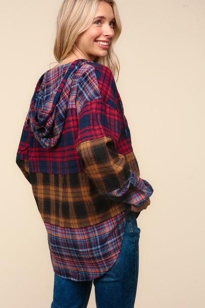 Haptics Plaid Edge Cut Detail Hooded Top