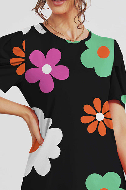 Flower Round Neck Short Sleeve Blouse