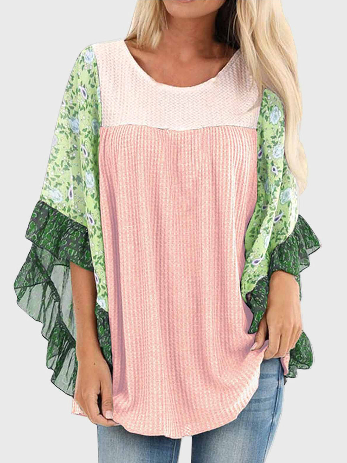 Full Size Printed Round Neck Three-Quarter Sleeve Blouse