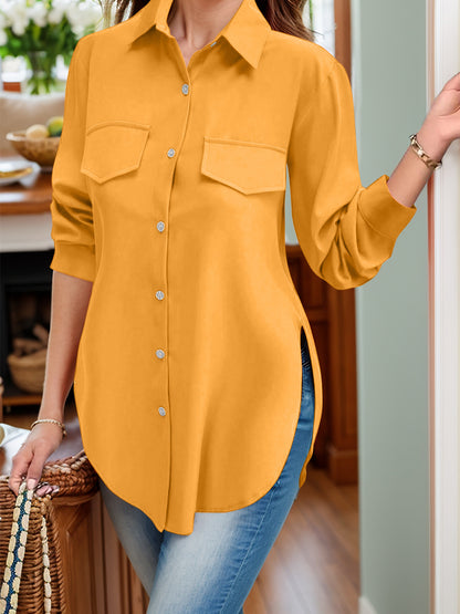 Full Size Side Slit Collared Neck Long Sleeve Shirt