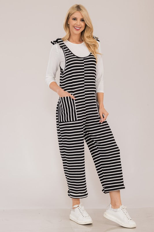 Celeste Full Size Striped Scoop Neck Overalls with Pockets