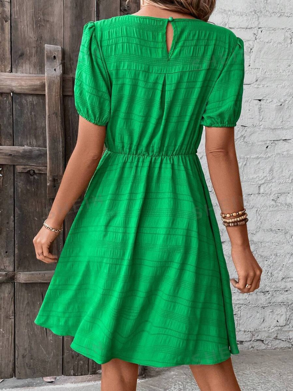 Ruched Round Neck Short Sleeve Mini Dress