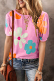 Flower Round Neck Short Sleeve Blouse