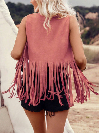 Fringe Studded Open Front Vest Coat