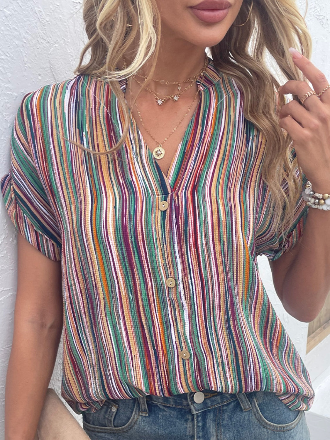 Striped Notched Short Sleeve Blouse