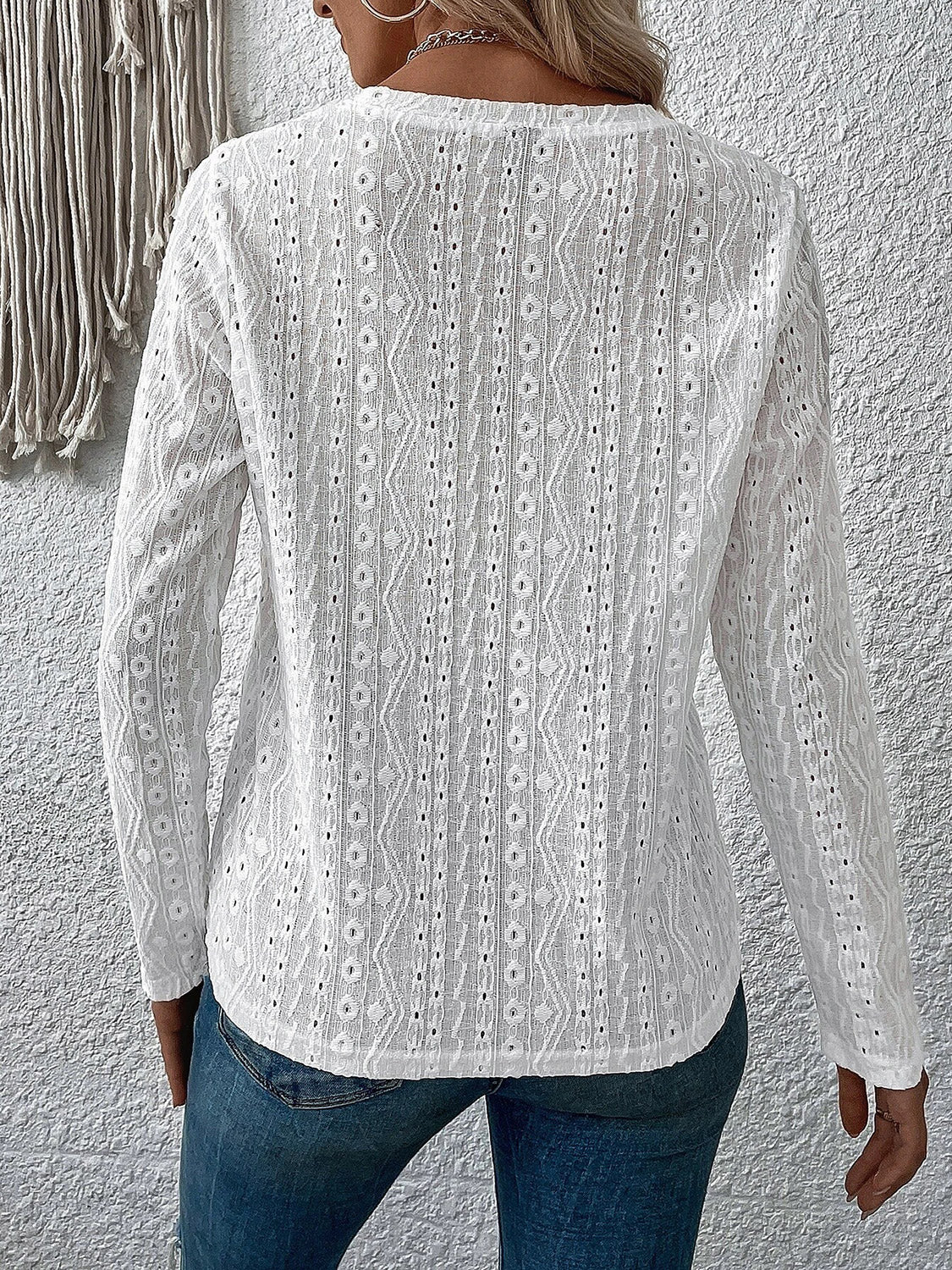 Eyelet Round Neck Long Sleeve Top