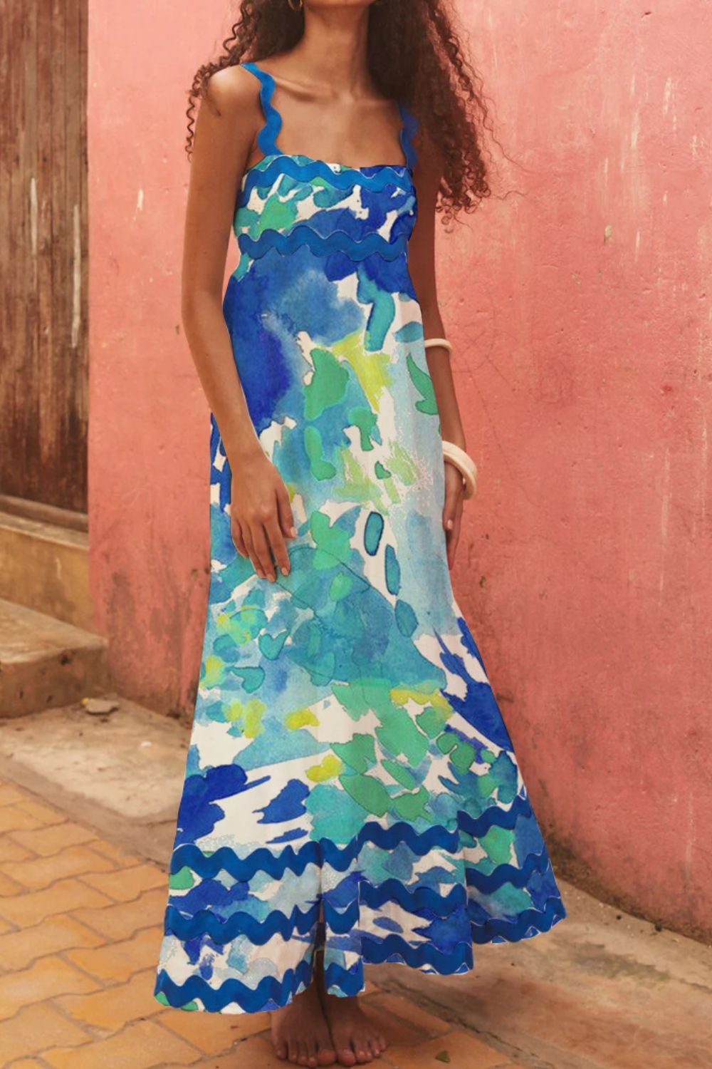 Printed Square Neck Wide Strap Dress