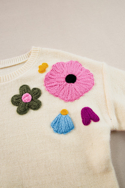 Crochet Flower Round Neck Dropped Shoulder Sweater