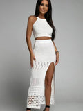 Round Neck Top and Slit Skirt Cover Up Set