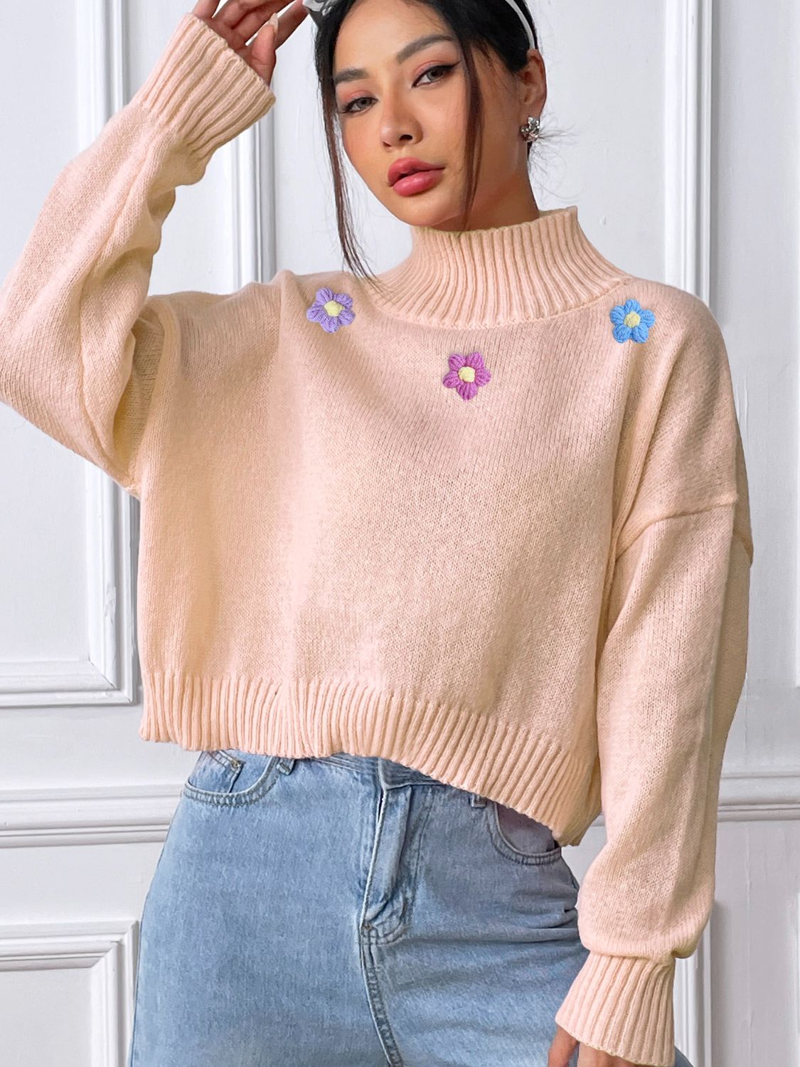 Flower Turtleneck Long Sleeve Sweater