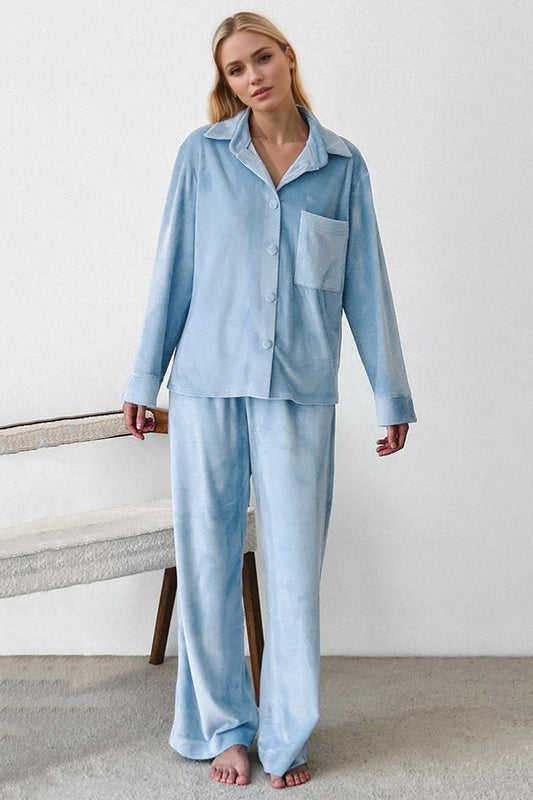 Basic Bae Buttery-Soft Collared Neck Button Up Top and Pants Set