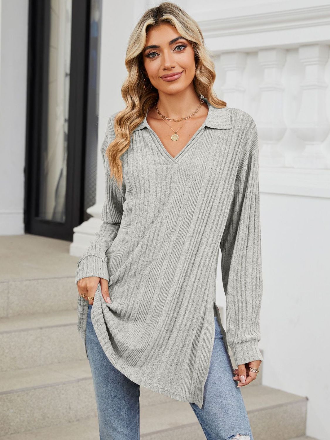 Slit Johnny Collar Long Sleeve T-Shirt