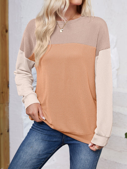 Color Block Round Neck Long Sleeve Sweatshirt