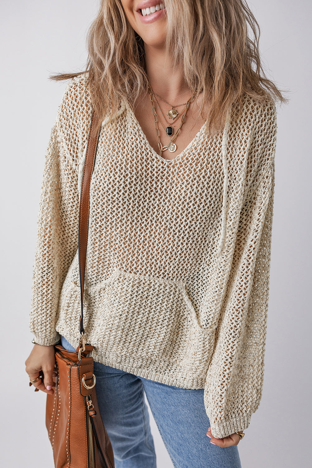 Openwork Dropped Shoulder Hooded Knit Top