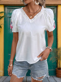 Frill Embroidered V-Neck Short Sleeve Blouse