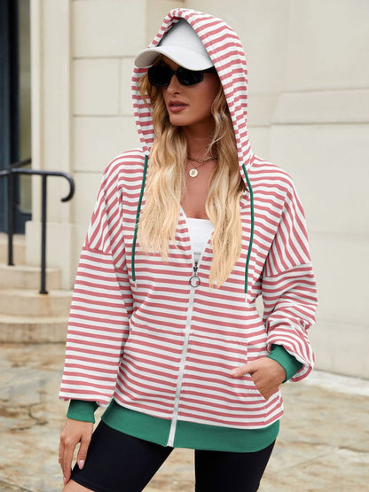 Drawstring Striped Zip Up Long Sleeve Hoodie