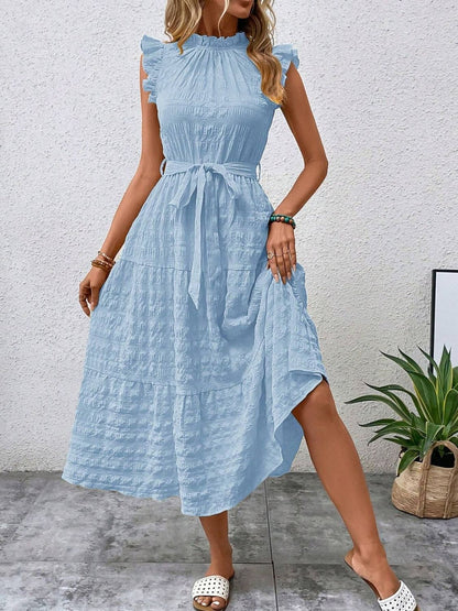 Tied Ruffled Cap Sleeve Midi Dress