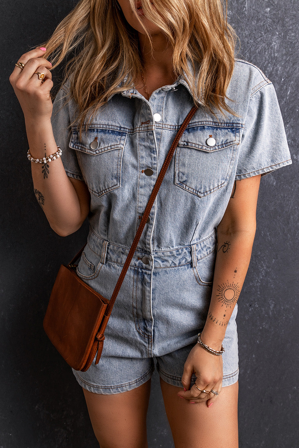 Collared Neck Short Sleeve Denim Romper