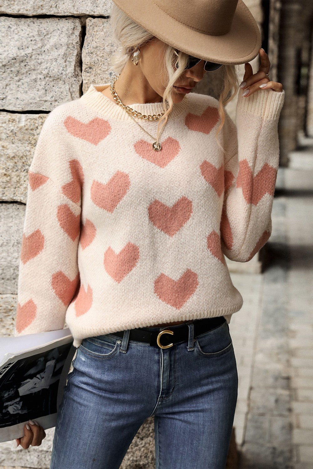 Perfee Heart Pattern Dropped Shoulder Sweater