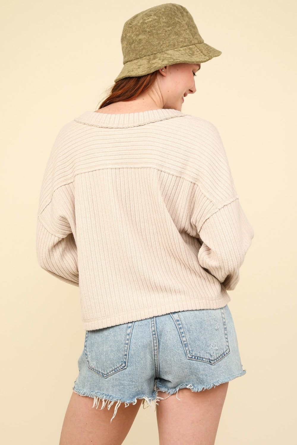 VERY J Exposed Seam V-Neck Ribbed Knit Top