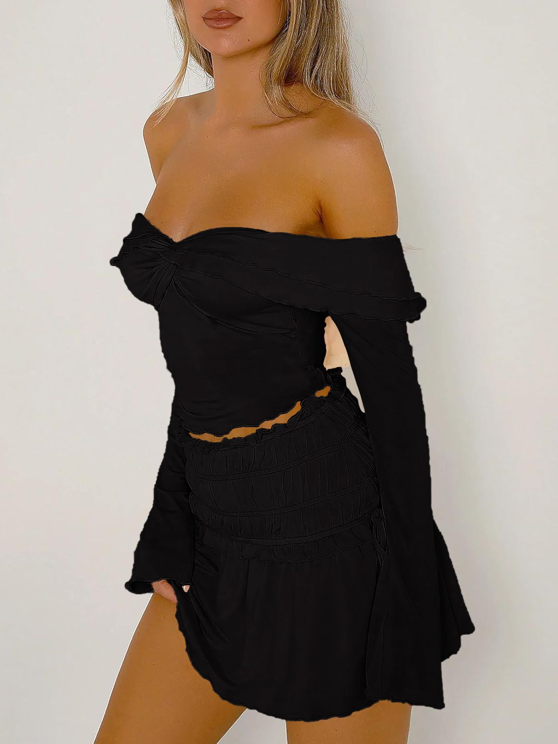 Devine Twisted Ruffled Off-Shoulder Long Sleeve T-Shirt