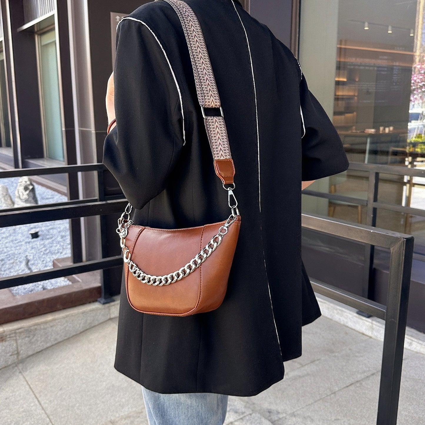 PU Leather Chain Trim Crossbody Bag