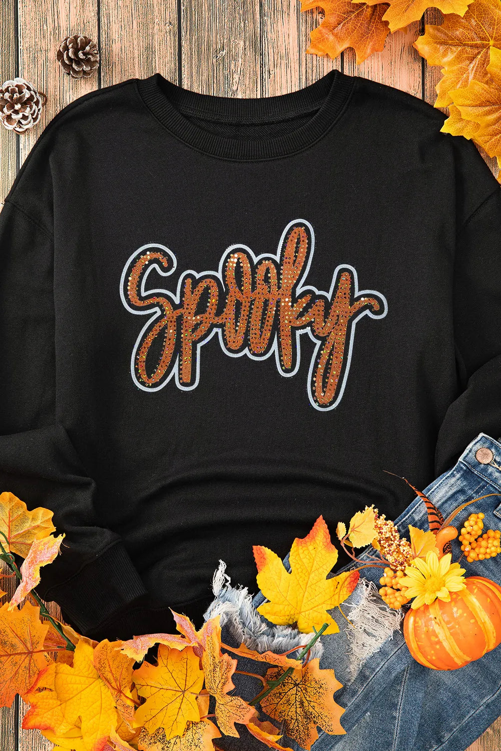 SPOOKY Rhinestone Round Neck Long Sleeve Sweatshirt