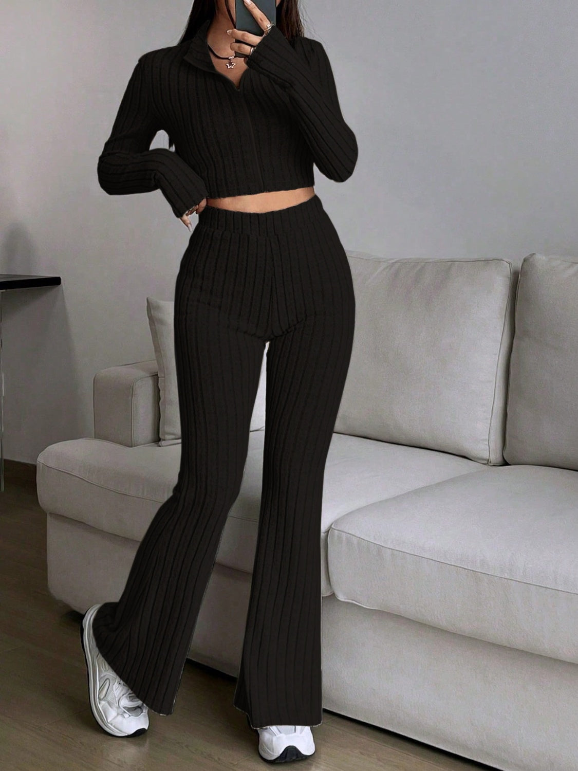 Zip Up Long Sleeve Top and Pants Set