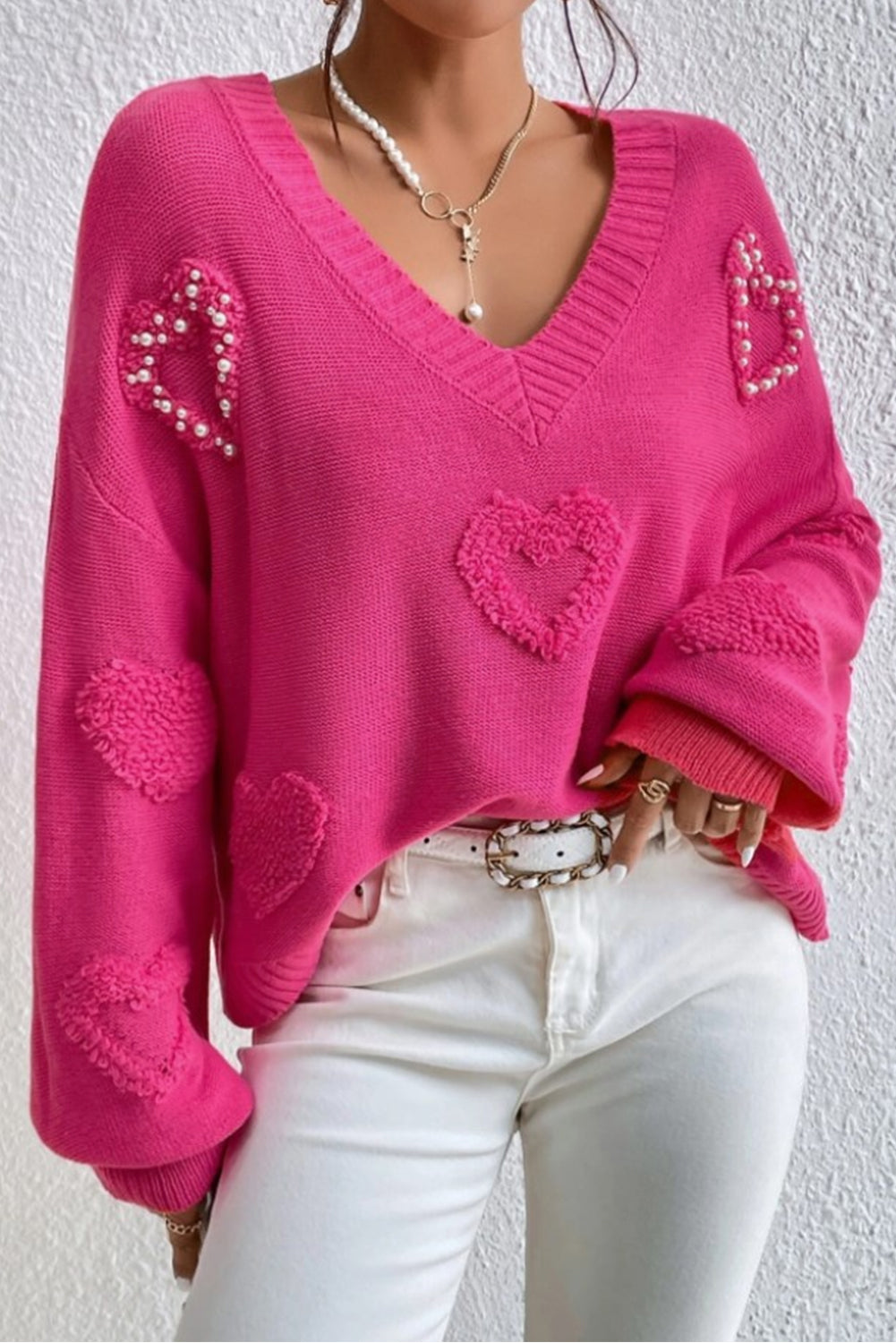 Pearl Trim Heart V-Neck Sweater