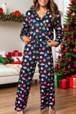 Printed Collared Neck Long Sleeve Top and Pants Lounge Set