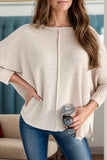 Waffle-Knit Slit Round Neck Long Sleeve Top