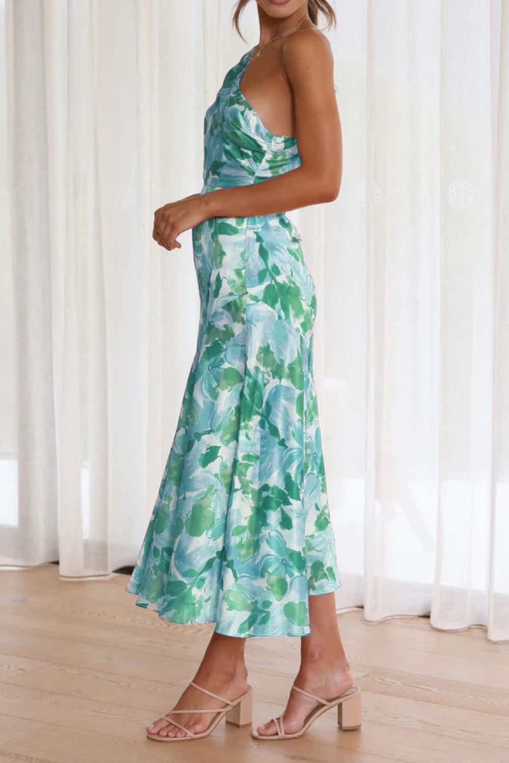 Ruched Printed Single Shoulder Midi Dress