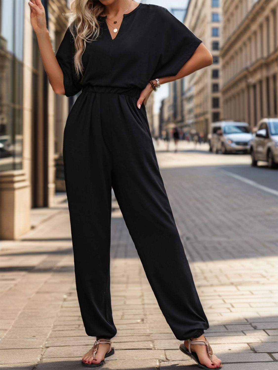 Notched Half Sleeve Straight Jumpsuit